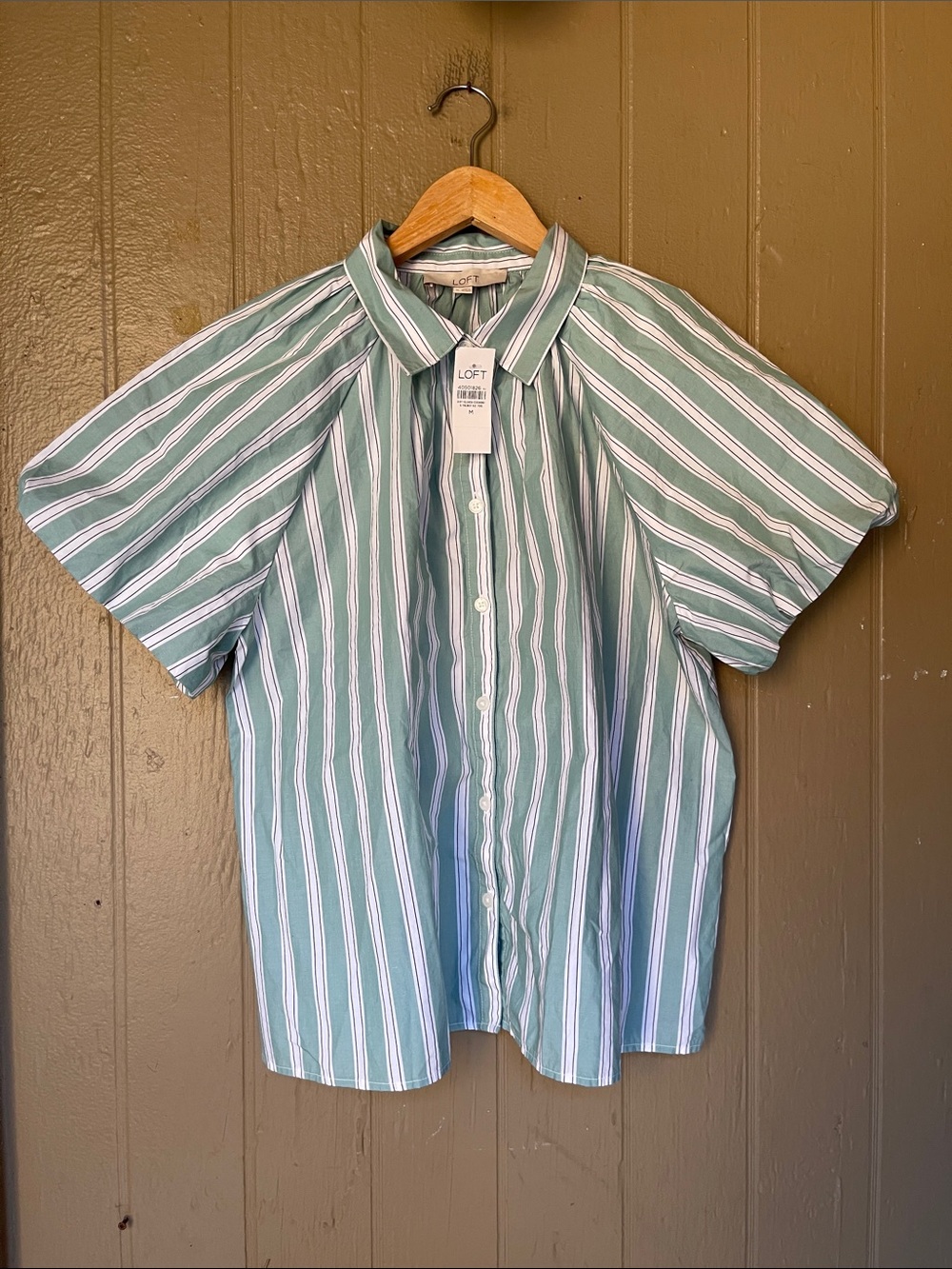 LOFT Striped Poplin Bubble Short-Sleeve Button-Up Shirt in Green Multi Size M